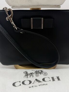 Coach Black Saffiano Leather Wristlet with Bow Detail